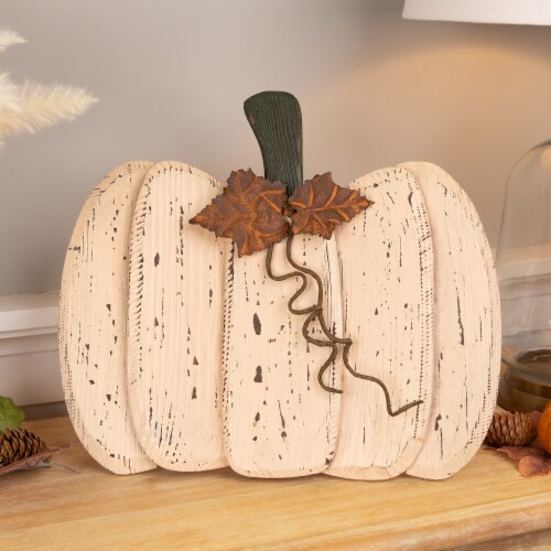 Northlight 15  Small White Wooden Fall Harvest Pumpkin with Leaves and Stem Perspective: back