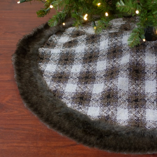 Northlight 48  Brown and White Plaid Christmas Tree Skirt with Faux Fur Perspective: back