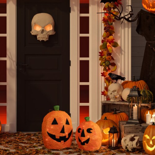 Northlight Set of 2 Spooky Town Lighted Sisal Jack O' Lanterns Outdoor Halloween Decorations Perspective: back