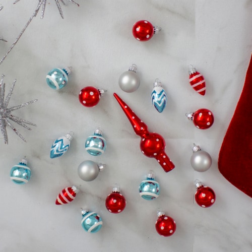 Northlight 19ct Red and Blue Frosted Glass Christmas Ornaments and Tree Topper Set 5.25 Perspective: back