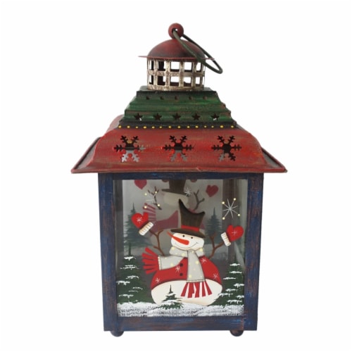 Northlight 33912034 11 in. Snowman Christmas Candle Lantern - Green, Red & Blue Perspective: back