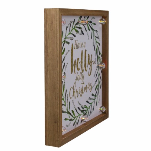 Northlight 11.75  Lighted  Holly Jolly  with a Green Wreath Wood Christmas Plaque Perspective: back