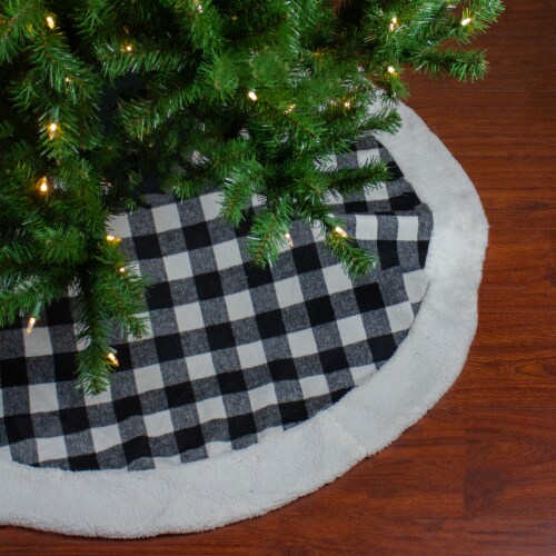 Northlight 48 Black and White Buffalo Plaid Christmas Tree Skirt with High Pile Fleece Trim Perspective: back