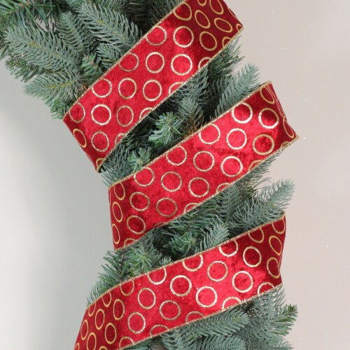 Northlight Red and Gold Circle Wired Christmas Craft Ribbon 2.5 x 16 Yards Perspective: back