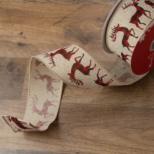 Northlight Beige and Red Plaid Buffalo with Reindeer Christmas Wired Craft Ribbon 2.5  x 16 Perspective: back