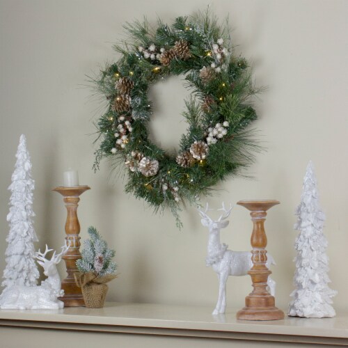Northlight Pre-Lit Champagne Gold Pine Cone and Berry Mixed Pine Wreath - 22-Inch, Clear Perspective: back
