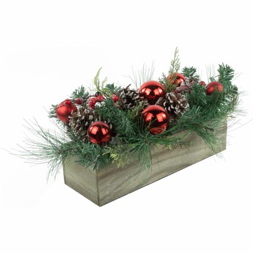 Northlight 24 Mixed Pine and Red Ornaments Artificial Christmas Arrangement in Wood Planter Perspective: back