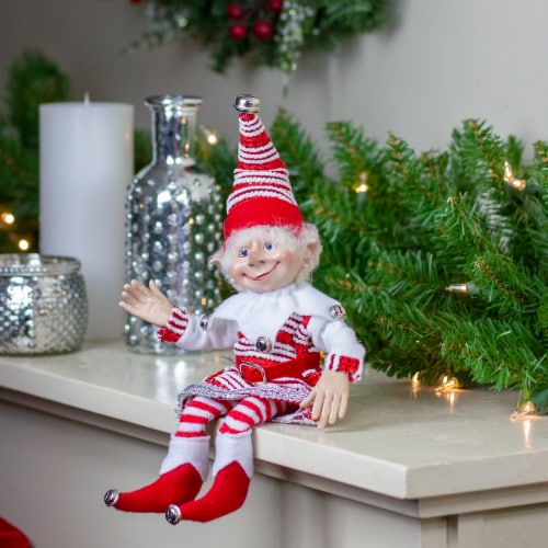Select Artificials 13  Red and White Peppermint Striped Elf with Jingle Bells Perspective: back