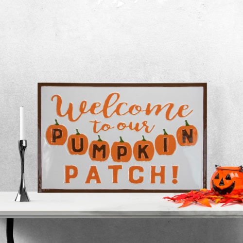NorthLight 34316672 30 in. Welcome To Our Pumpkin Patch Autumn Metal Wall Decor, Orange & Whi Perspective: back