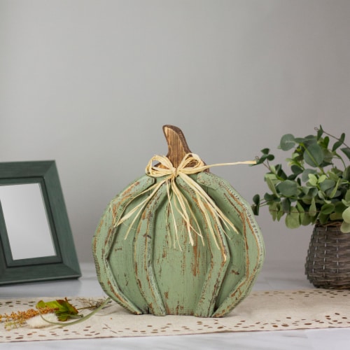 Northlight 12 Green Weathered Fall Harvest Wooden Pumpkin Table Decoration Perspective: back
