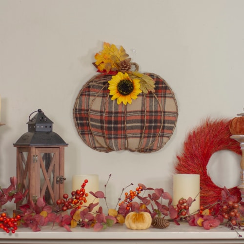 NorthLight 34315248 16 in. Plaid Fall Harvest Pumpkin Wall Decor, Red & Black Perspective: back
