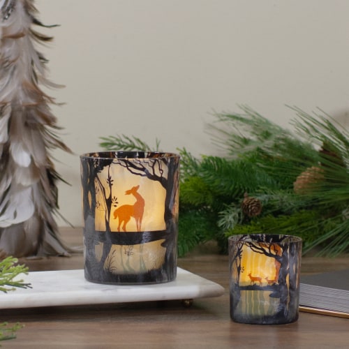 Northlight 5  Hand Painted Forest and Deer Flameless Glass Candle Holder Perspective: back