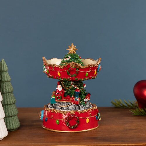 Northlight 6 Red and Gold Musical Santa on Train Christmas Carousel Music Box Perspective: back