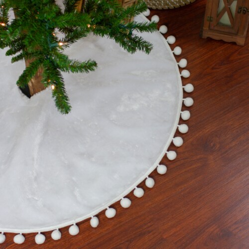 Northlight 36 White Christmas Tree Skirt With a Pom Pom Border and Tie Backs Perspective: back