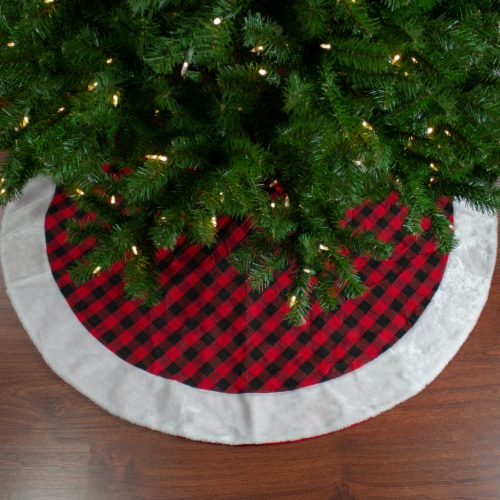 Northlight 48 Red and Black Buffalo Plaid Christmas Tree Skirt with Faux Fur Trim Perspective: back