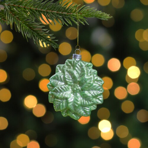 Northlight 3.75 Green Glittered Poinsettia Flower Glass Christmas Ornament Perspective: back