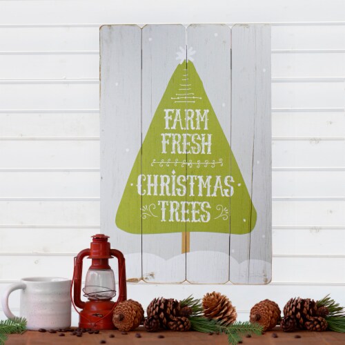 Northlight 24” Gray and Green Farm Fresh Christmas Trees Wooden Hanging Wall Sign Perspective: back