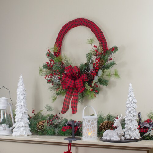 Northlight Red and Black Buffalo Plaid and Berry Artificial Christmas Wreath - 24-Inch, Unlit Perspective: back