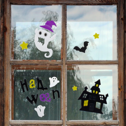 Northlight 15-Piece Purple and Black Haunted House Halloween Gel Window Clings Perspective: back