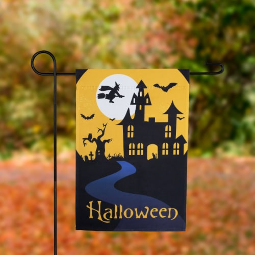 Northlight Spooky House Halloween Outdoor Garden Flag with Bats and a Witch 12.5 x 18 Perspective: back