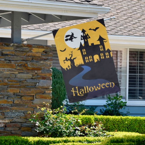 Northlight Spooky House Halloween Outdoor House Flag with Bats and Witch 28 x 40 Perspective: back
