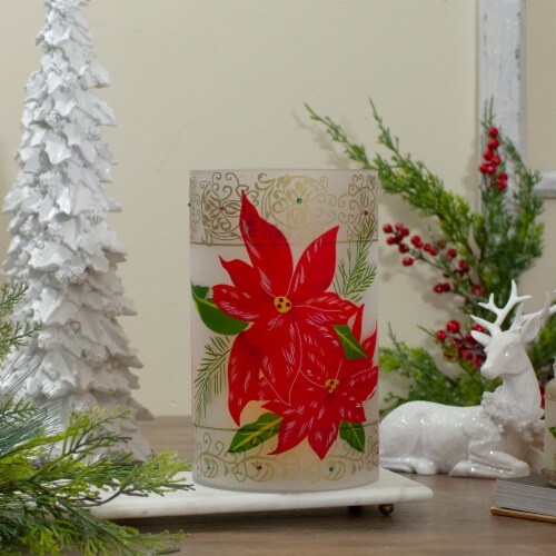 Northlight 10 Hand-Painted Red Poinsettias and Gold Flameless Glass Christmas Candle Holder Perspective: back