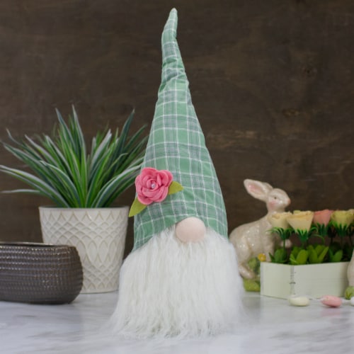 Northlight 20 Green and White Plaid Spring and Easter Gnome Head Table Top Decor Perspective: back