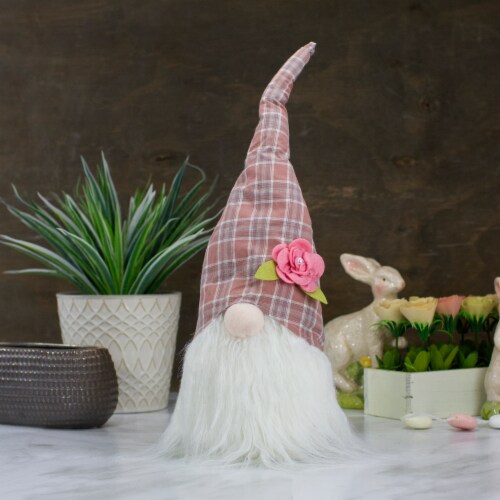 Northlight 20 Pink and White Plaid Spring Gnome Head Table Top Decor Perspective: back