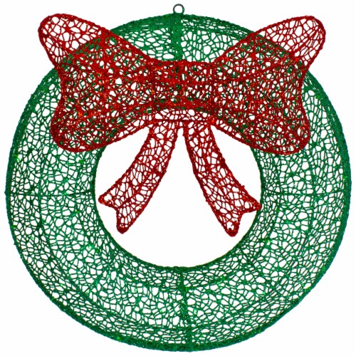 Northlight 24  LED Lighted Green Glitter Wreath with Red Bow Outdoor Christmas Decoration Perspective: back