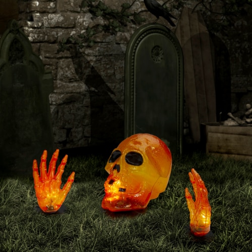 Northlight 8.5 Lighted Orange Skull and Hands Outdoor Halloween Decoration - 4ft Black Wire Perspective: back