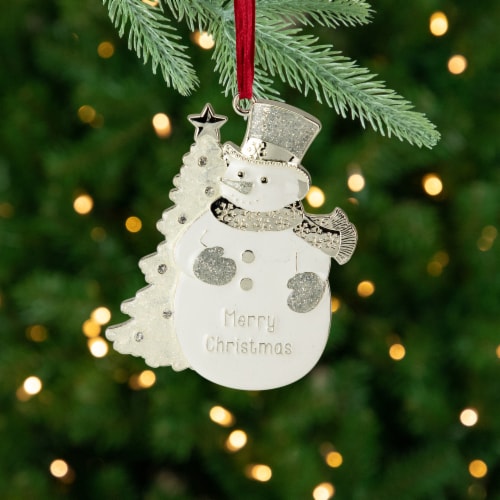 Northlight 3.5 White Silver-Plated Snowman Merry Christmas Ornament with European Crystals Perspective: back