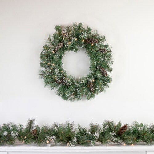 Northlight 24 Pre-Lit Artificial Frosted Pine and Pine Cone Christmas Wreath Perspective: back