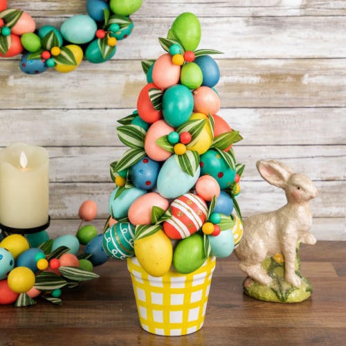 Northlight 17  Colorful Easter Egg Tree in Yellow Gingham Pot Perspective: back