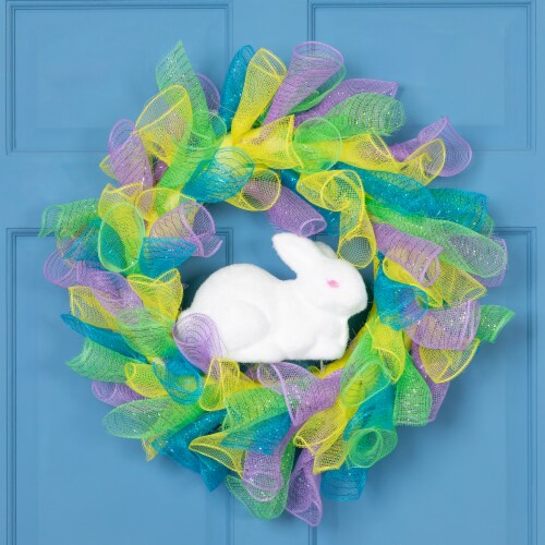 Northlight Colorful Deco Mesh Ribbon Easter Bunny Wreath, 24-Inch, unlit Perspective: back