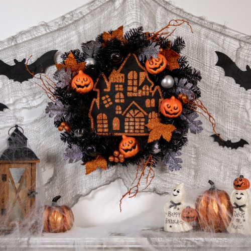 Northlight Orange and Black Haunted House Halloween Wreath, 24-Inch, Unlit Perspective: back