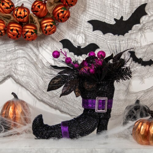 Northlight 12 Black Witch's Boot with Purple Glittered Roses Halloween Decoration Perspective: back