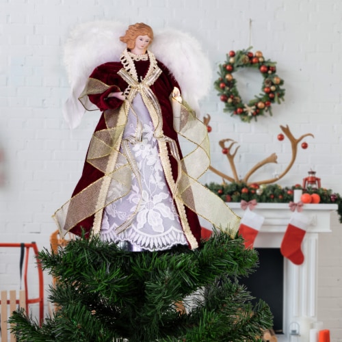 Northlight 14  Burgundy Angel with Lighted Candle Christmas Tree Topper Perspective: back