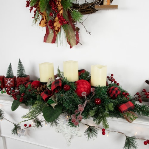Northlight 30 Green Pine Triple Candle Holder with Bows and Plaid Christmas Ornaments Perspective: back