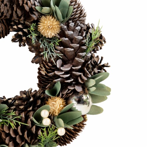 Northlight Silver and Green Mixed Foliage and Pinecone Christmas Wreath, 13.5-Inch, Unlit Perspective: back
