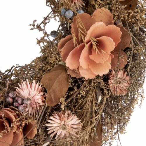 Northlight Orange and Coral Pink Twig and Floral Autumn Harvest Wreath, 13.75-Inch, Unlit Perspective: back