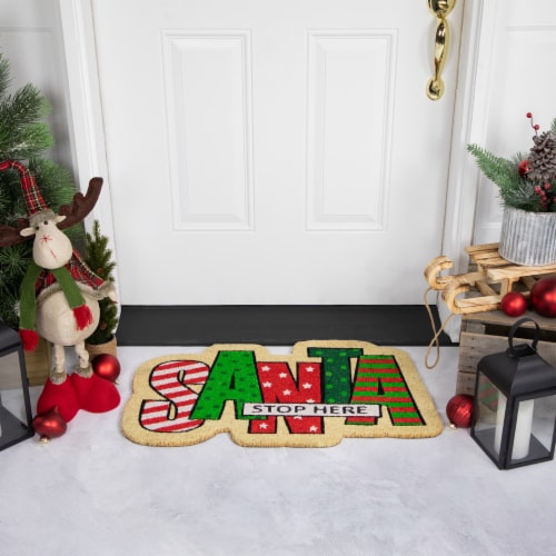 Northlight Red and Green Santa Stop Here Outdoor Christmas Doormat 18 x 30 Perspective: back