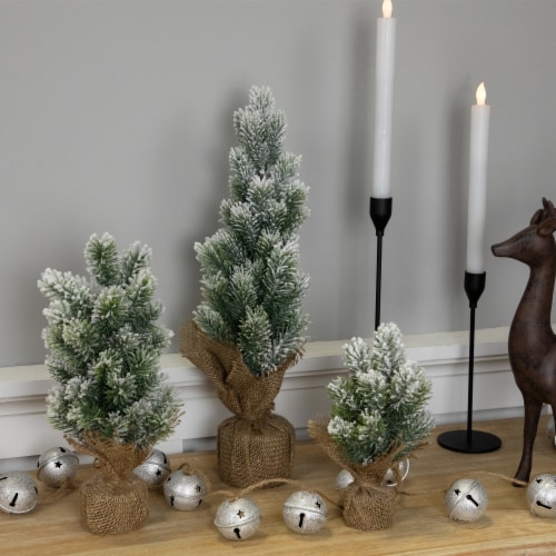 Northlight Mini Flocked Pine Artificial Christmas Trees with Burlap Base - 18 - Set of 3 Perspective: back