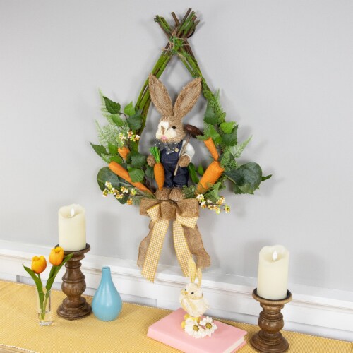 Northlight Farmer Bunny Moss Vines Teardrop Easter Wreath - 22 - Green and Orange - Unlit Perspective: back