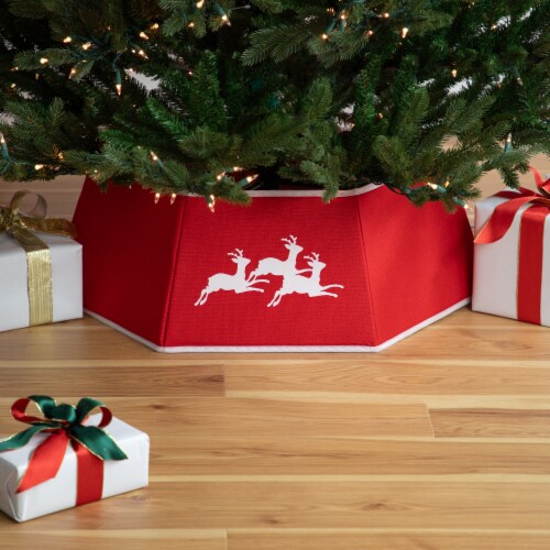 Northlight 26 Red Burlap with Reindeer Hexagonal Christmas Tree Collar Perspective: back