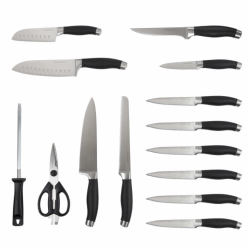 YOLEYA 15 Piece Kitchen Steel Knife Set with Block and Non Stick