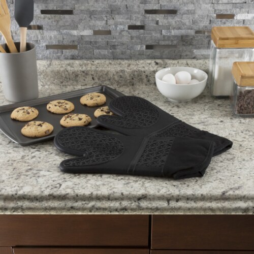 Silicone Oven Mits Extra Long Professional Quality Heat Resistant with Quilted Lining and Perspective: back