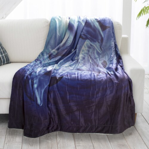 Fluffy Plush Throw Blanket 50 x 60 Inch- Ocean Dolphin Print Lightweight Hypoallergenic Bed Perspective: back