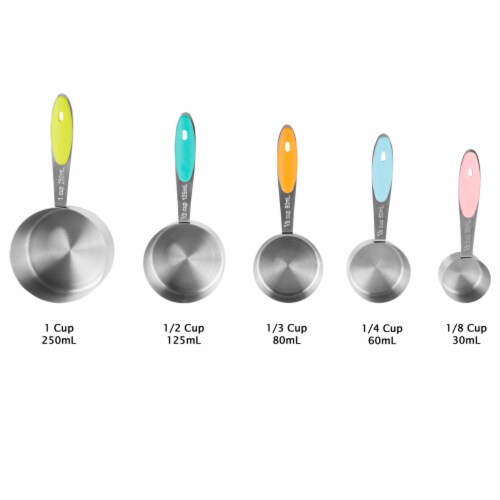 Stainless Steel Measuring Cups Set of 5 on Ring Space Saving Stacks Inside Cups and Metric Perspective: back