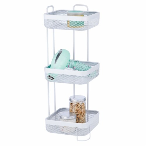 mDesign Vertical Standing Bathroom Shelving Unit Tower with 3 Baskets, White Perspective: back