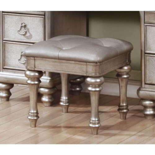 Wooden Vanity Stool with Turned Legs and Leatherette Upholstered Seat, Silver Perspective: back